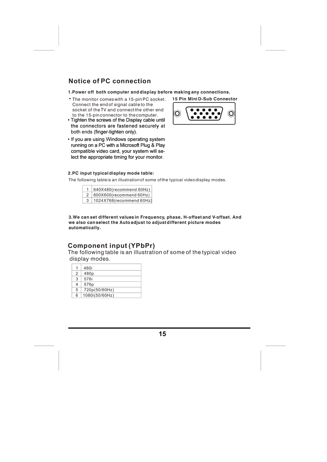 Skyworks LCD-19L03 manual Component input YPbPr 