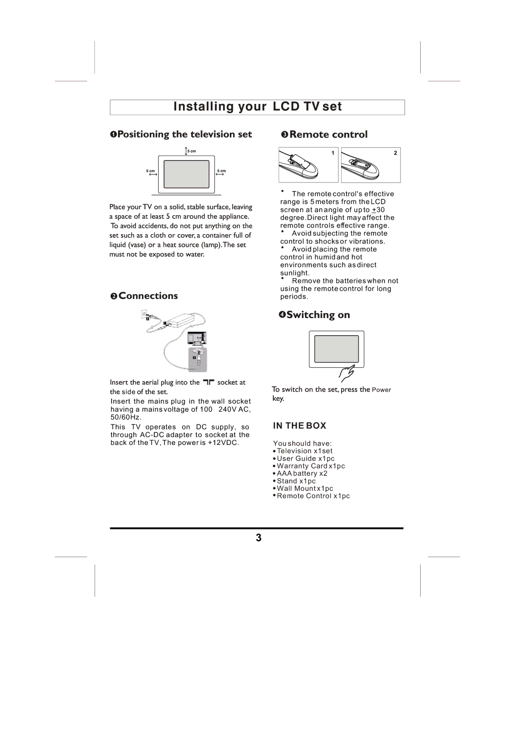 Skyworks LCD-19L03 manual Installing your LCD TV set, Box 