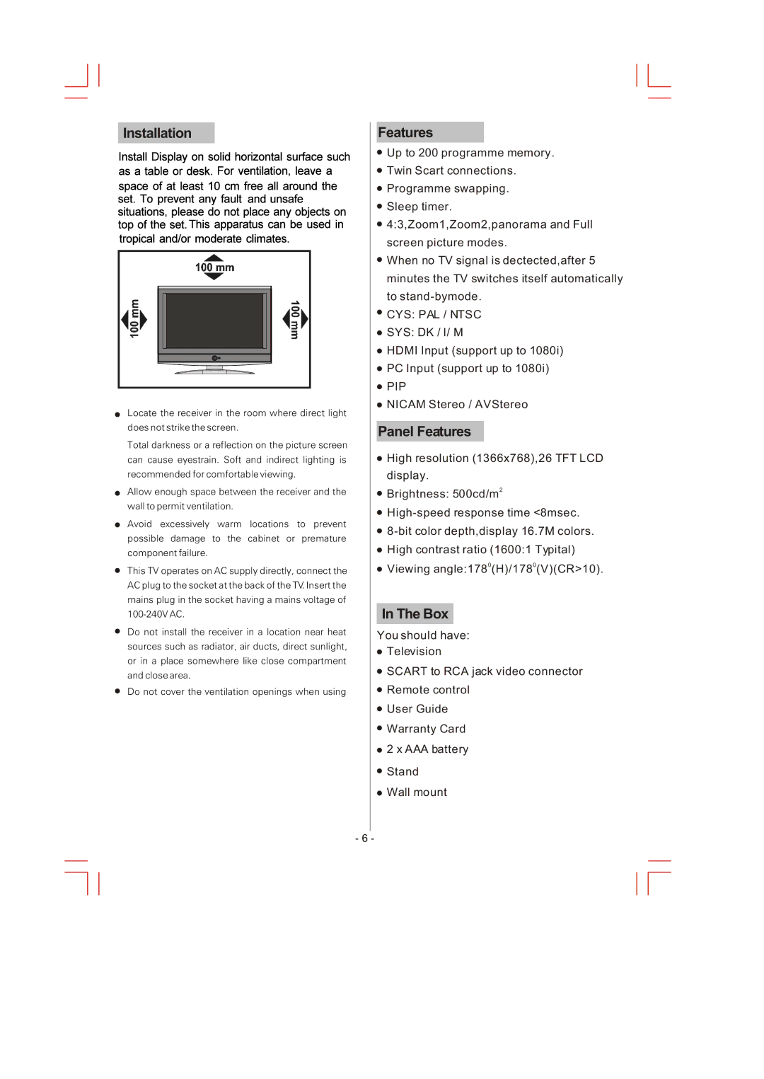 Skyworks LCD-26L16 manual Installation, Features 