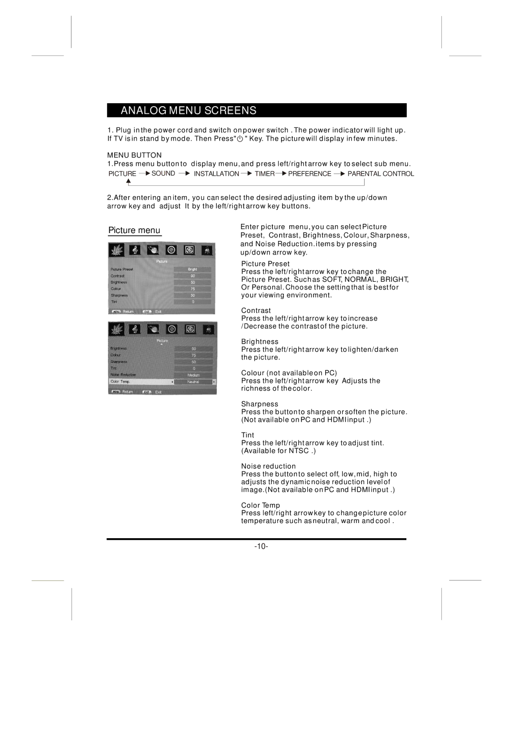 Skyworth 26L8E instruction manual Analog Menu Screens, Picture menu, Menu Button 