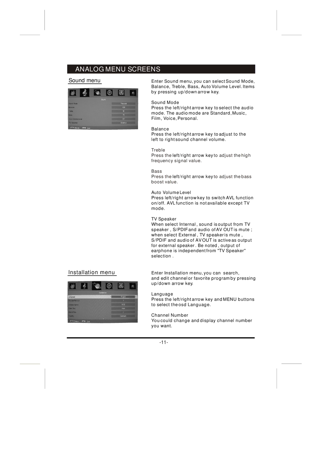 Skyworth 26L8E instruction manual Sound menu Installation menu 