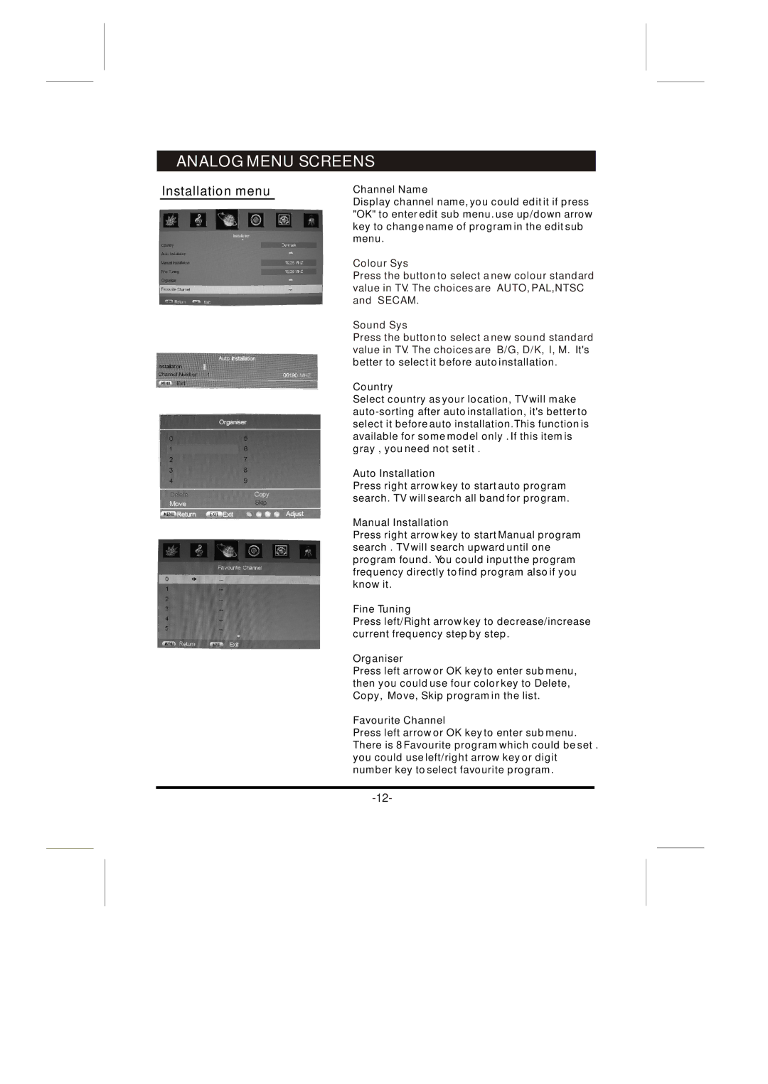 Skyworth 26L8E instruction manual Analog Menu Screens 