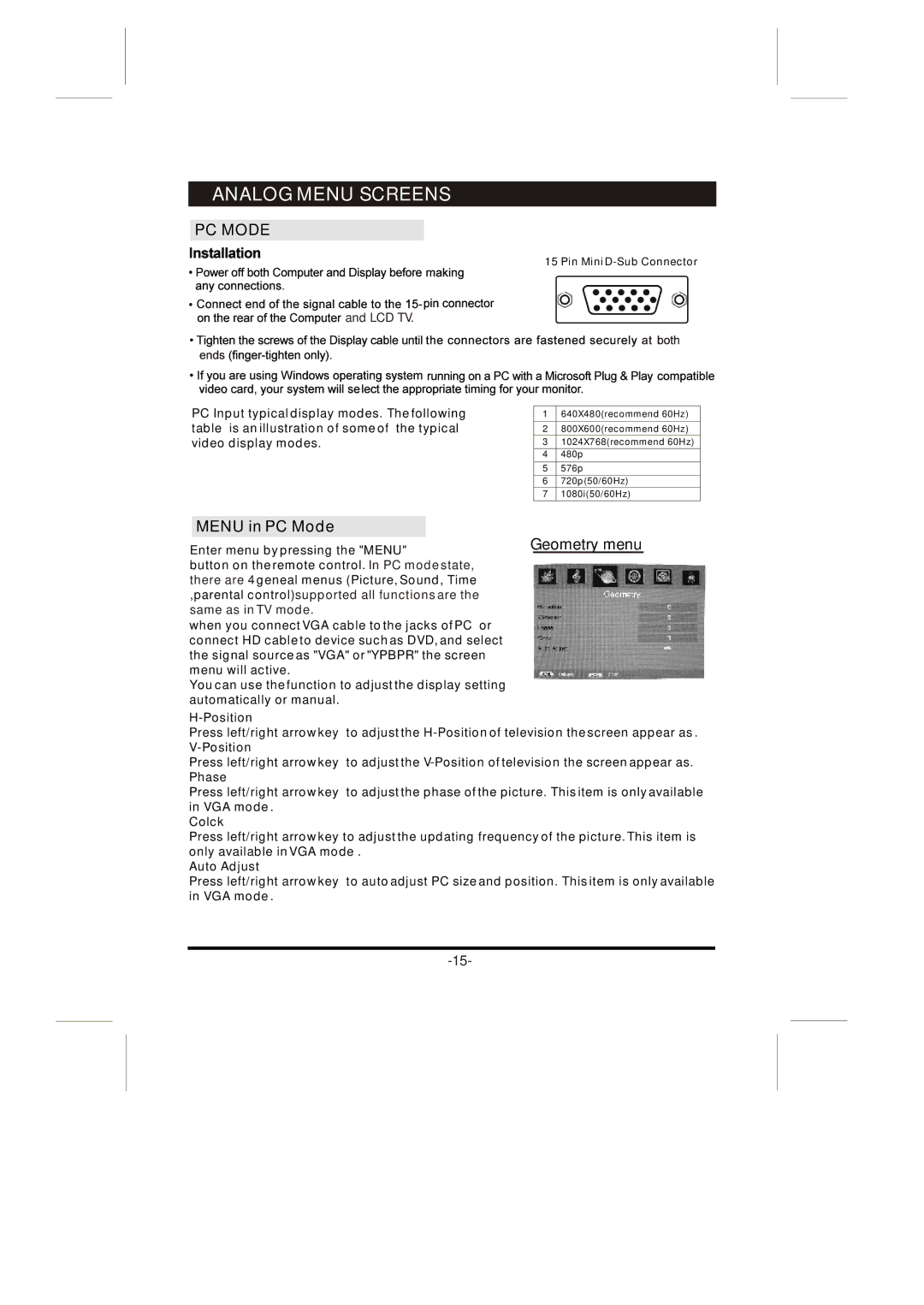 Skyworth 26L8E instruction manual Menu in PC Mode 