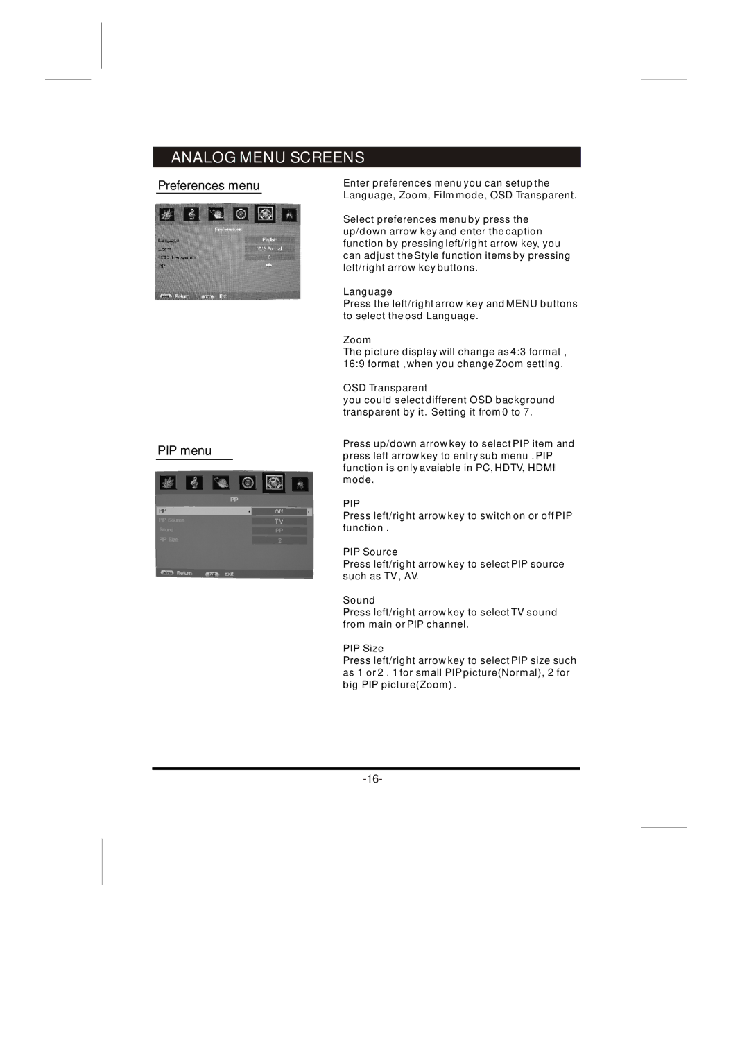 Skyworth 26L8E instruction manual Preferences menu PIP menu, Pip 