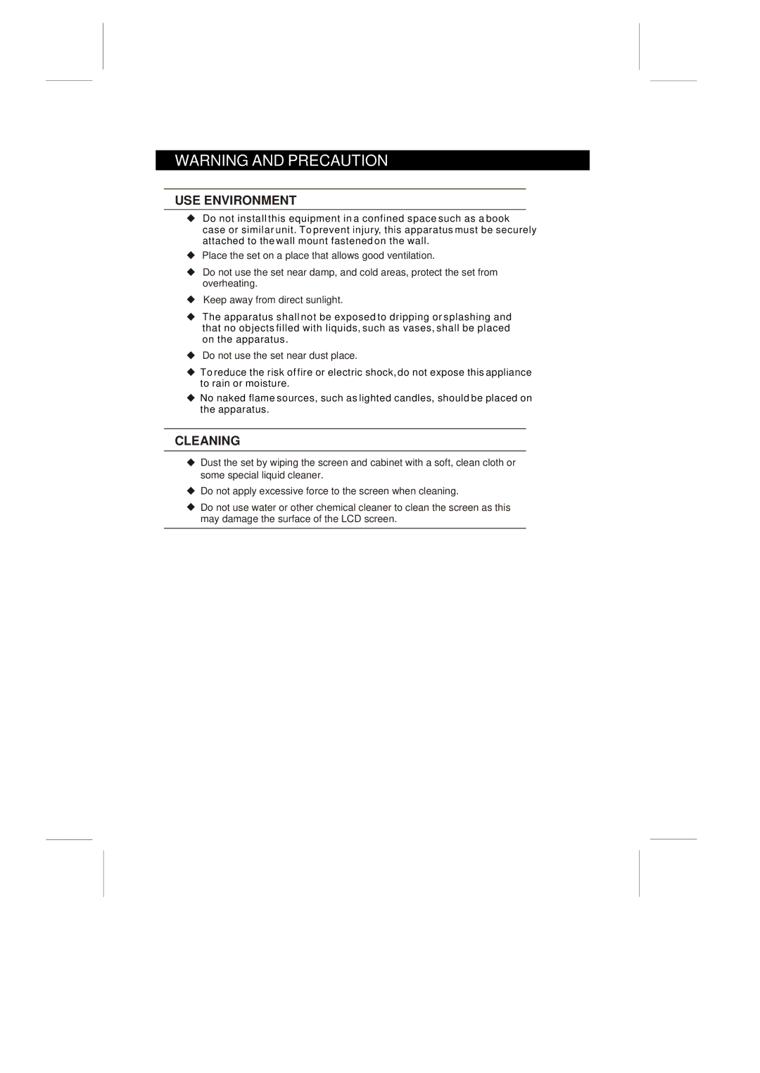 Skyworth 26L8E instruction manual USE Environment 