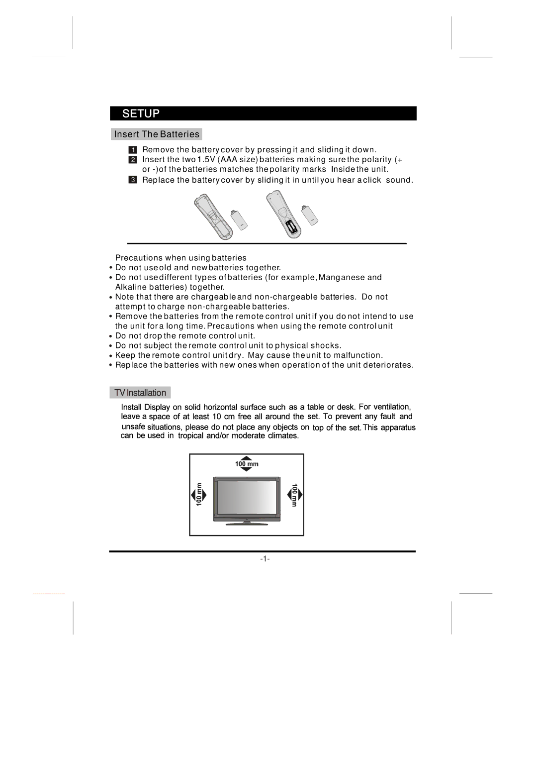 Skyworth 26L8E instruction manual Setup, Insert The Batteries 