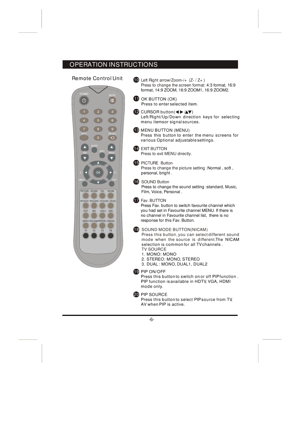 Skyworth 26L8E instruction manual OK Button OK, Menu Button Menu, PIP Source 