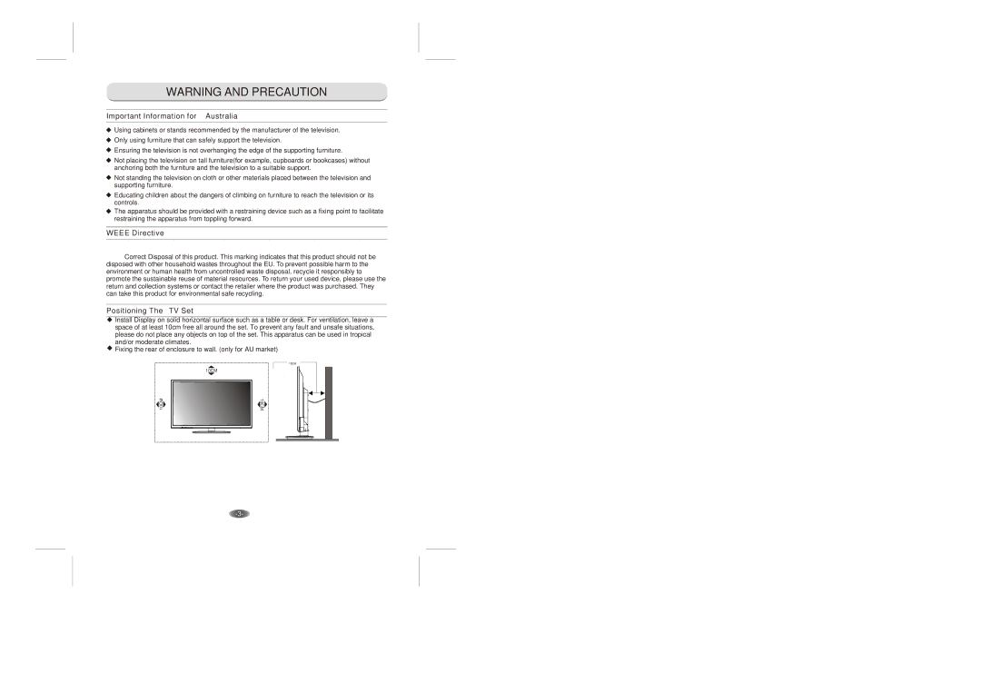 Skyworth 3.20E+37 manual Important Information for Australia, Weee Directive, Positioning The TV Set 