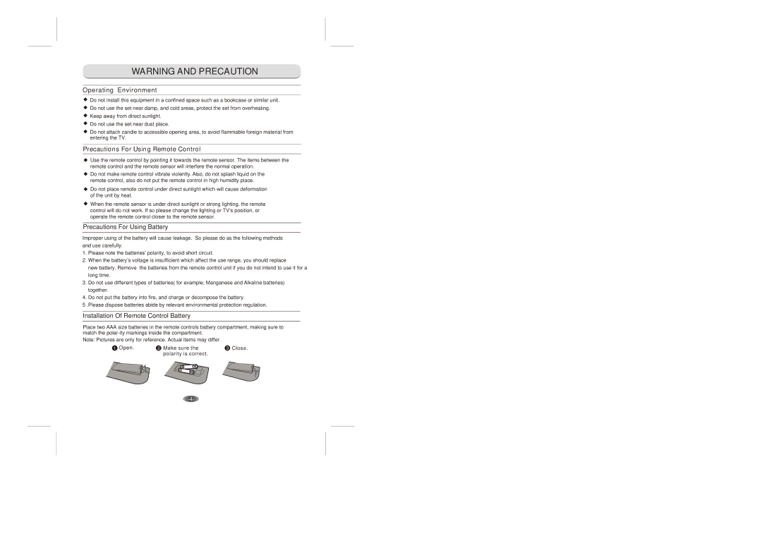 Skyworth 3.20E+37 manual Operating Environment, Precautions For Using Remote Control, Precautions For Using Battery 