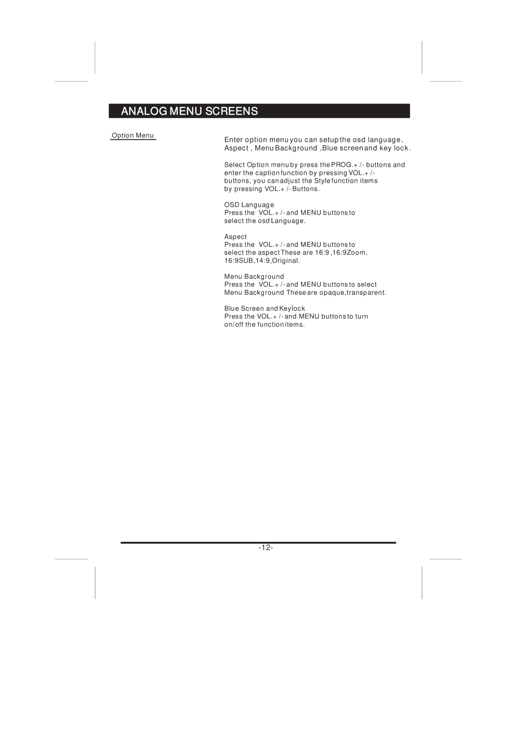 Skyworth 37L16 instruction manual Option Menu 