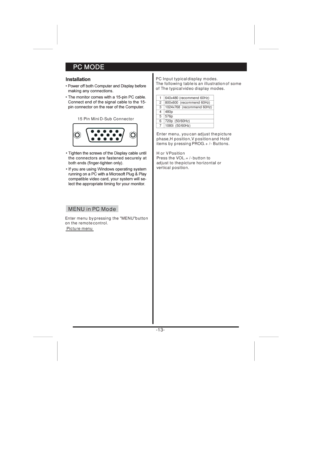 Skyworth 37L16 instruction manual Menu in PC Mode 