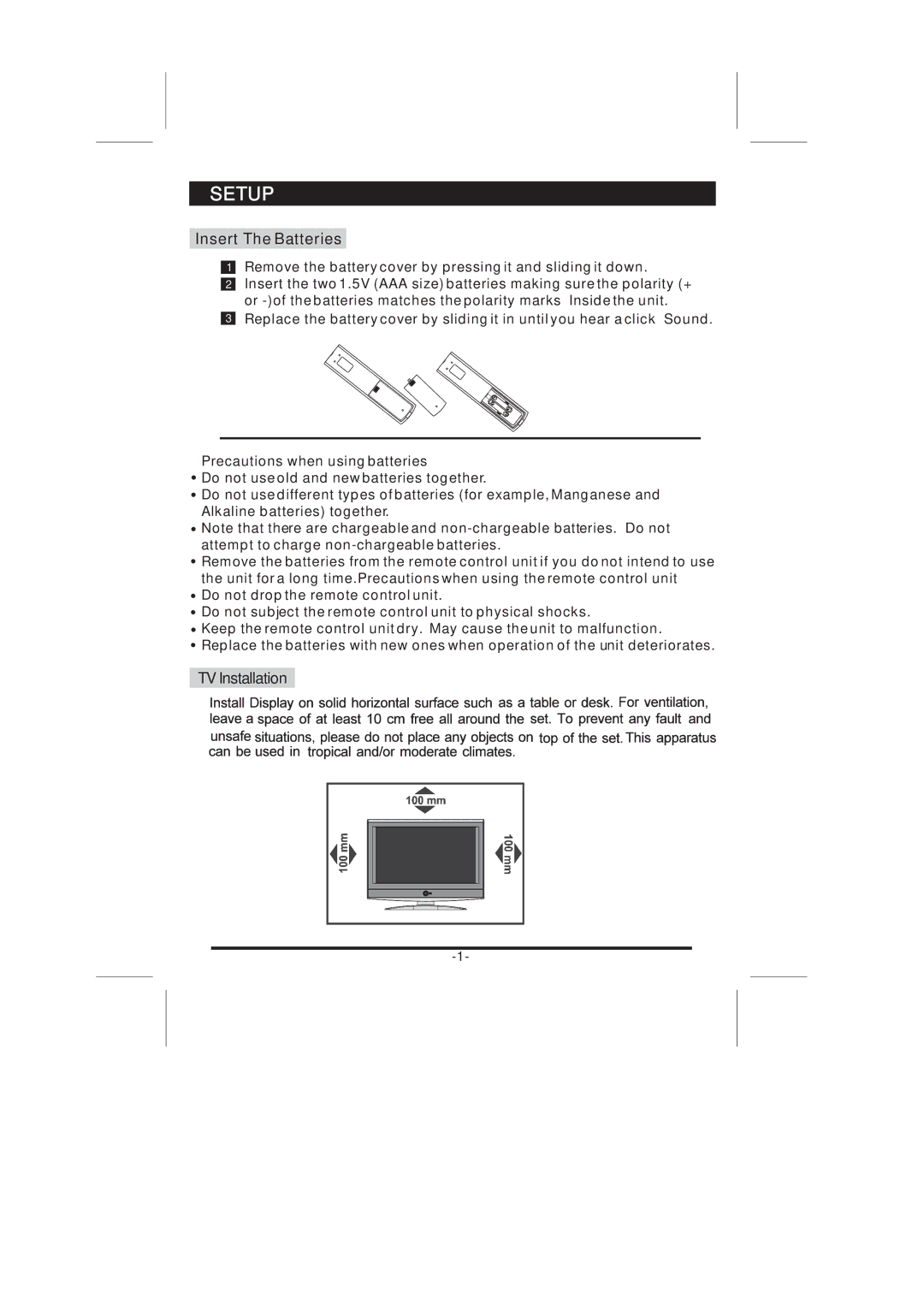 Skyworth 37L16 instruction manual Setup, Insert The Batteries, TV Installation 