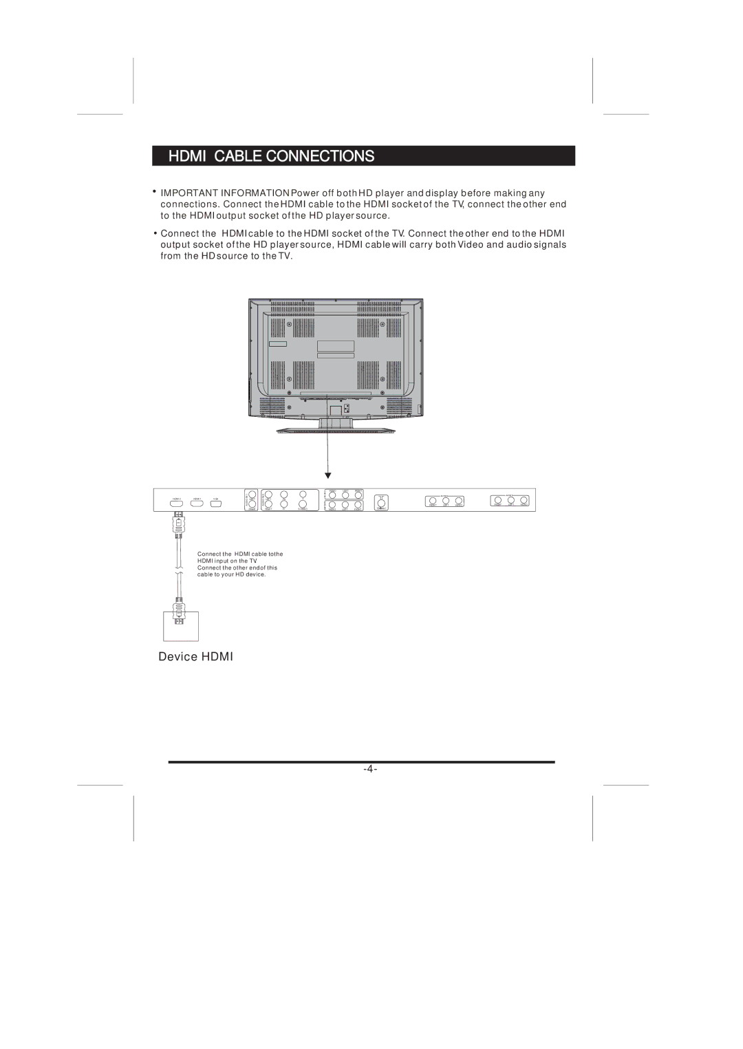 Skyworth 37L16 instruction manual Hdmi Cable Connections, Device Hdmi 