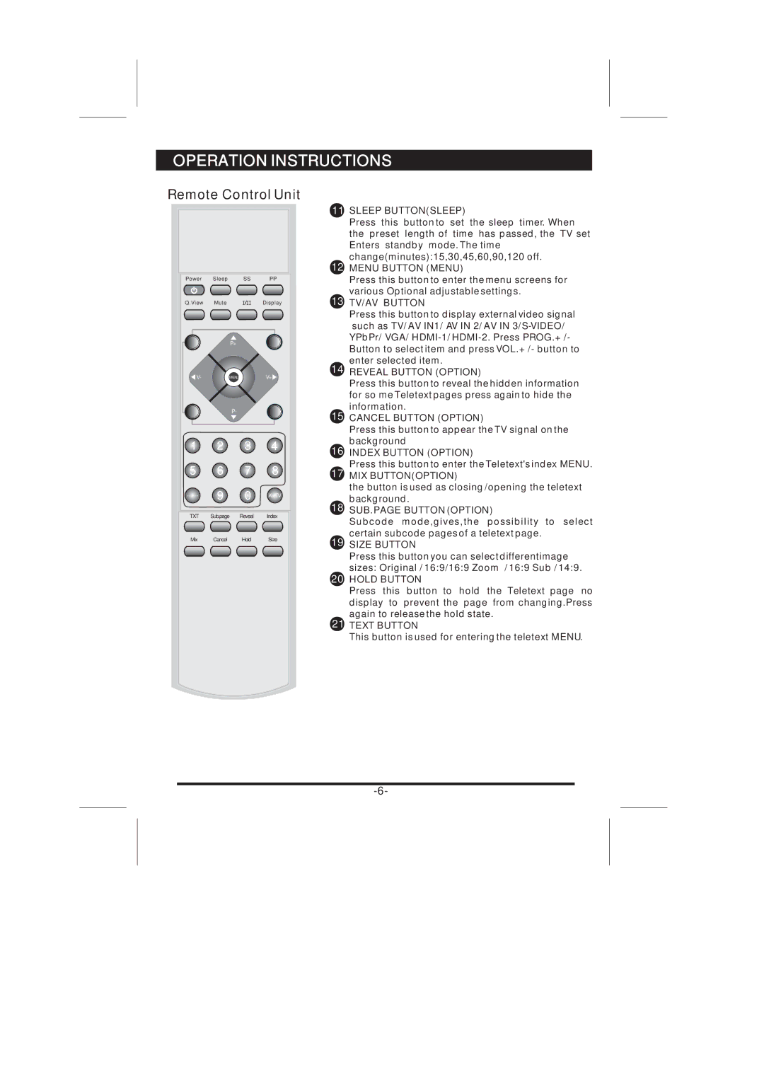 Skyworth 37L16 Sleep Buttonsleep, Menu Button Menu, 13 TV/AV Button, Reveal Button Option, Cancel Button Option 