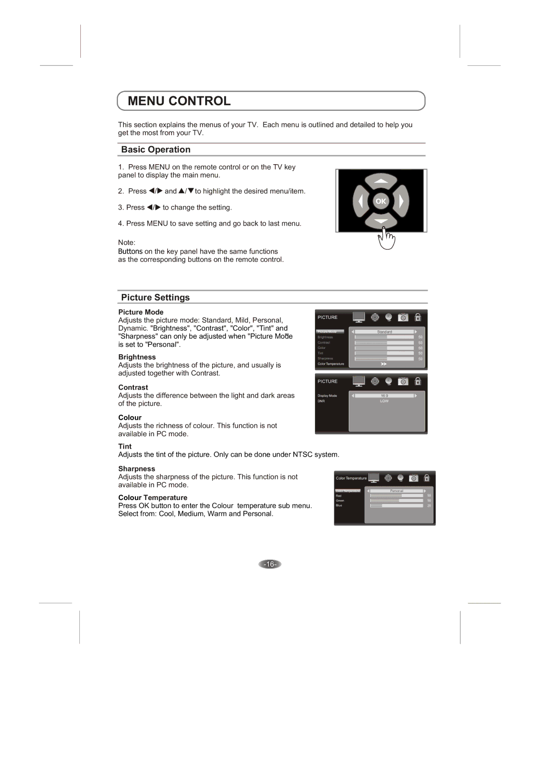 Skyworth 42E66A instruction manual Menu Control, Basic Operation, Picture Settings 