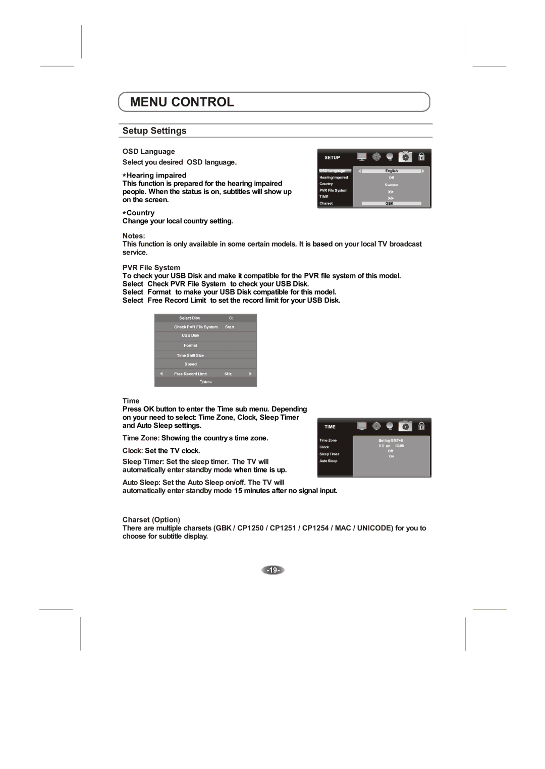 Skyworth 42E66A instruction manual Setup Settings, OSD Language, PVR File System, Time, Charset Option 