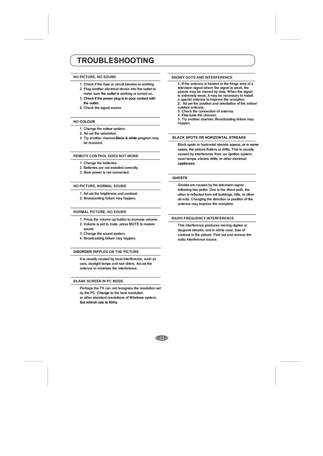 Skyworth 42E66A instruction manual Troubleshooting, No PICTURE, no Sound 