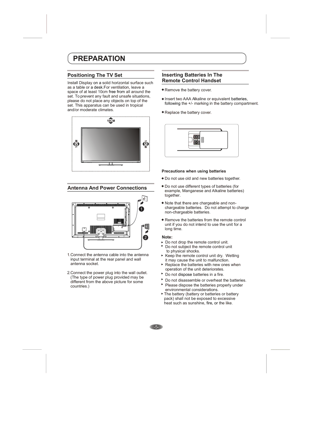 Skyworth 42E66A instruction manual Preparation, Positioning The TV Set, Inserting Batteries Remote Control Handset 