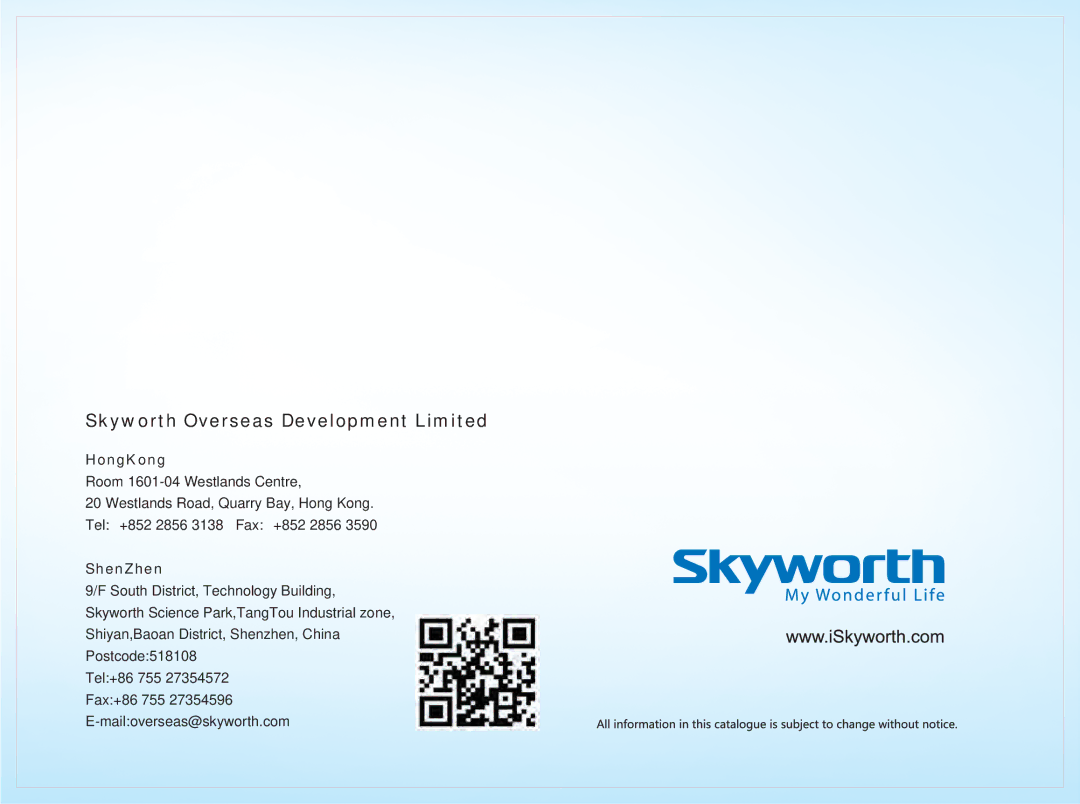 Skyworth 84E99UD manual Skyworth Overseas Development Limited 