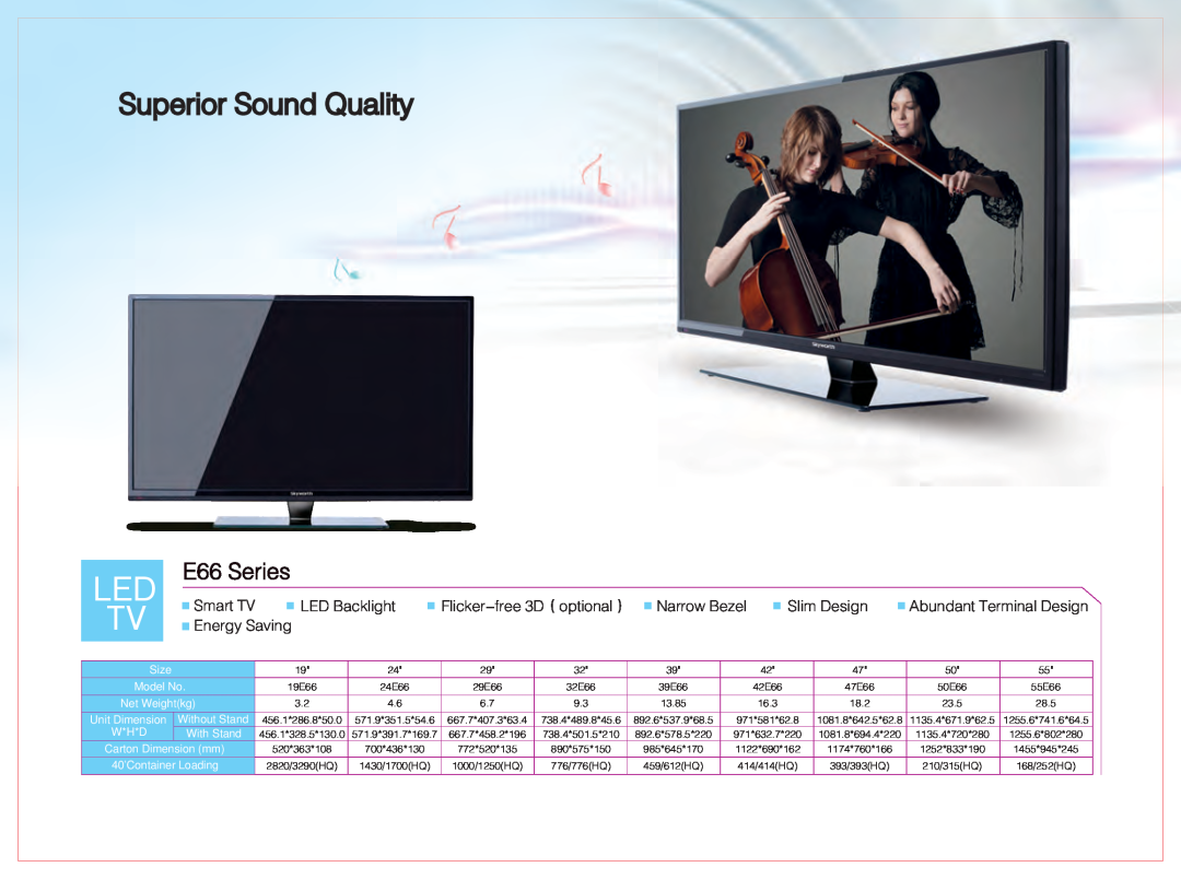 Skyworth 84E99UD Superior Sound Quality, E66 Series, Size, Model No, Net Weightkg, Unit Dimension, W*H*D, Without Stand 