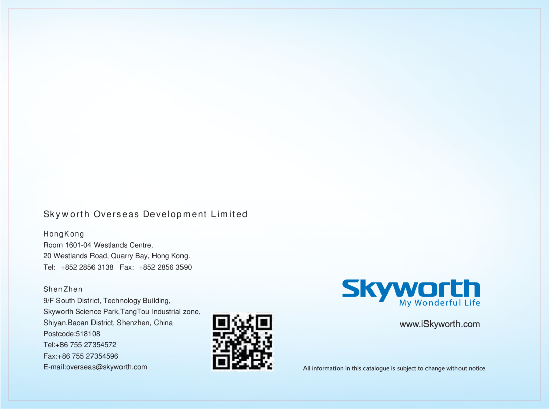 Skyworth 84E99UD manual Skyworth Overseas Development Limited, HongKong, ShenZhen 