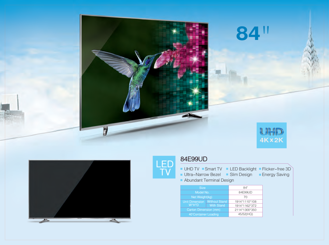 Skyworth 84E99UD manual Led Tv, 4Kx2K, Size, Model No, Net Weightkg, Unit Dimension, Without Stand, W*H*D, With Stand 
