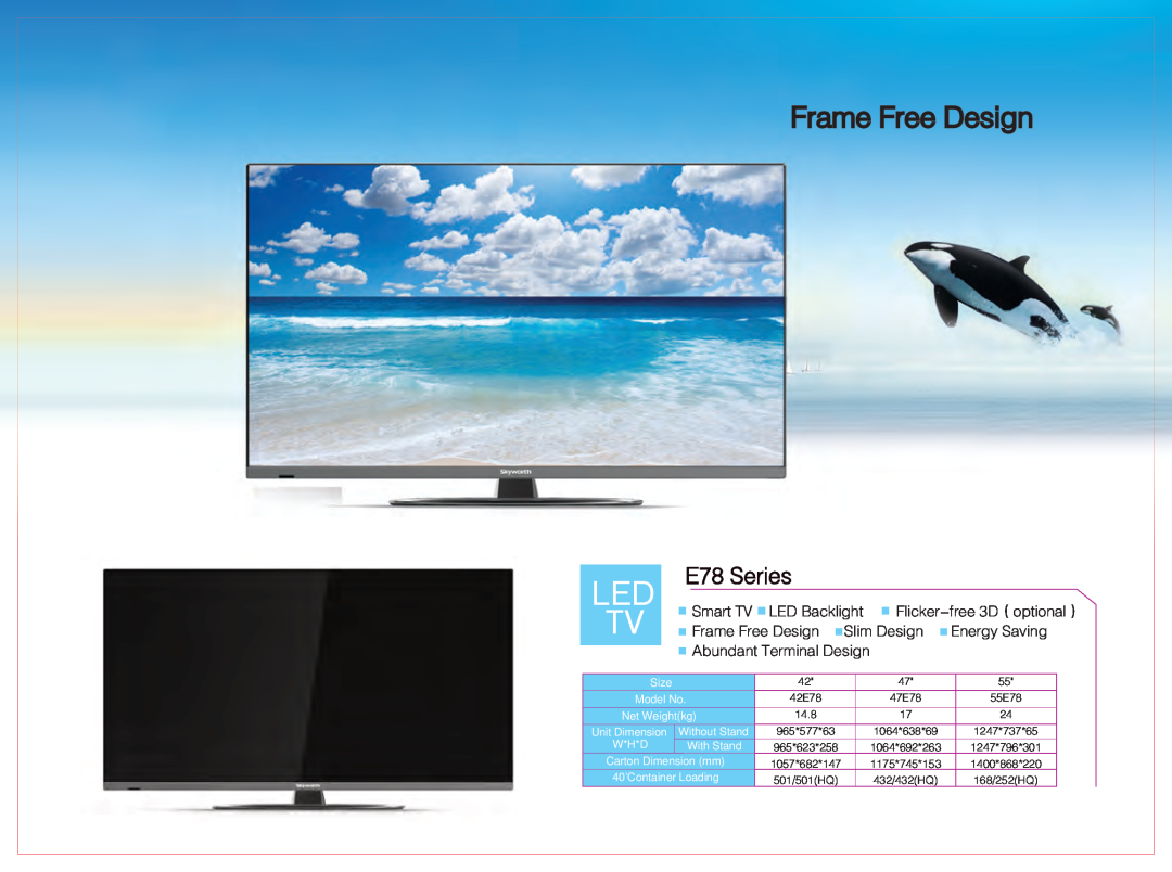 Skyworth 84E99UD Frame Free Design, E78 Series, Led Tv, Size, Model No, Net Weightkg, Unit Dimension, W*H*D, Without Stand 