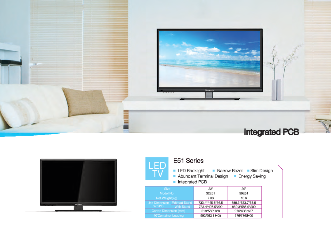Skyworth 84E99UD Integrated PCB, E51 Series, Led Tv, Size, Model No, Net Weightkg, Unit Dimension, W*H*D, Without Stand 