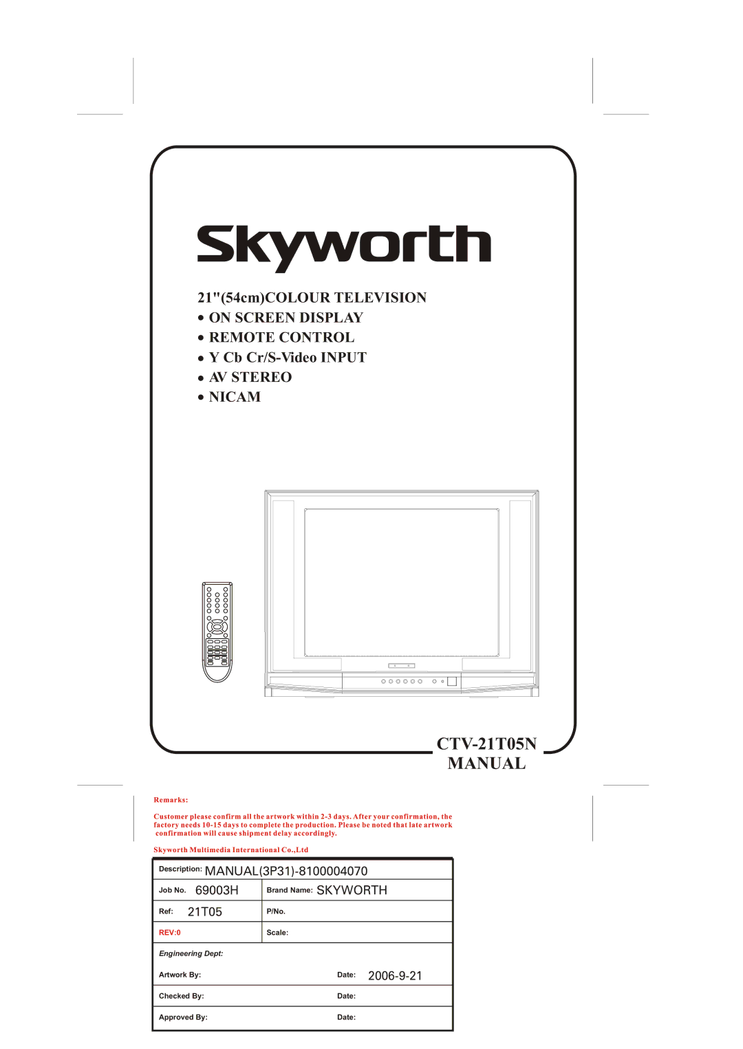 Skyworth CTV-21T05N manual Manual 