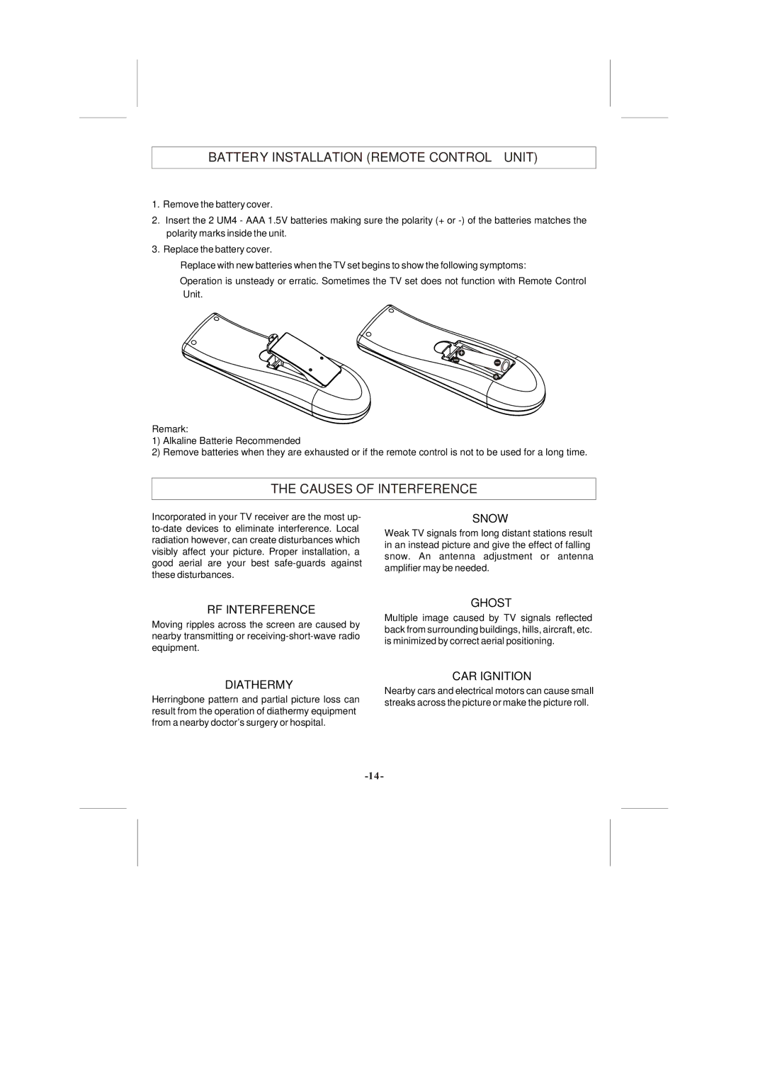 Skyworth CTV-21T05N manual Battery Installation Remote Control Unit, Causes of Interference 