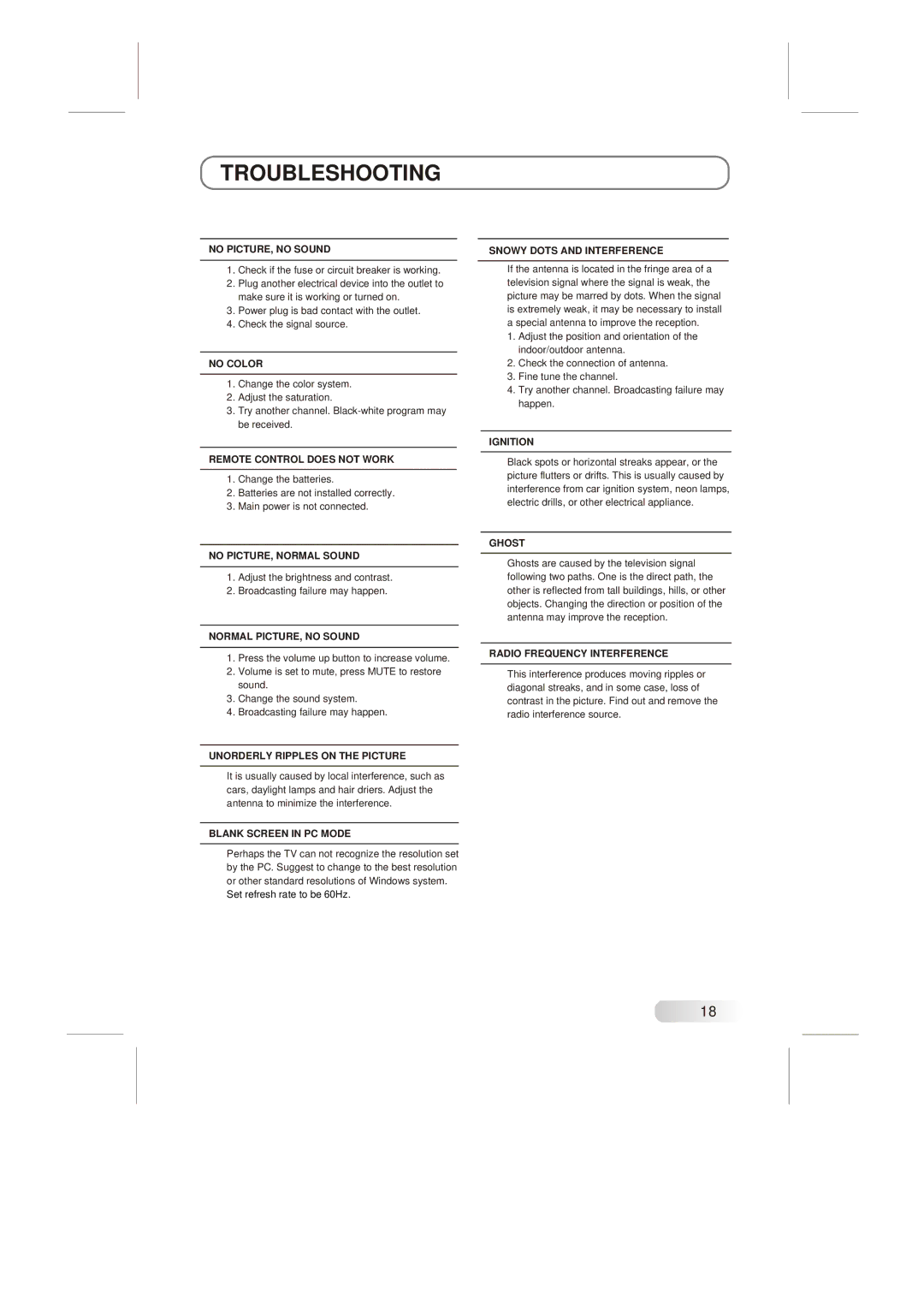 Skyworth LCD-22L19 instruction manual Troubleshooting, No PICTURE, no Sound 