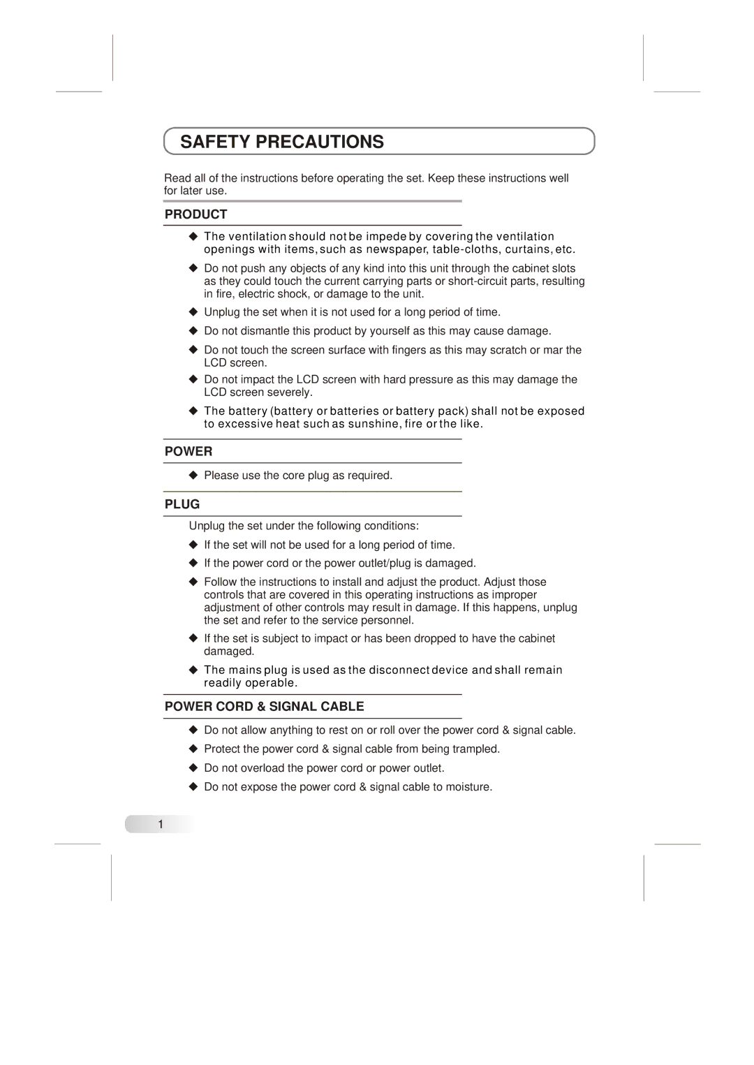 Skyworth LCD-22L19 instruction manual Safety Precautions, Product, Plug, Power Cord & Signal Cable 