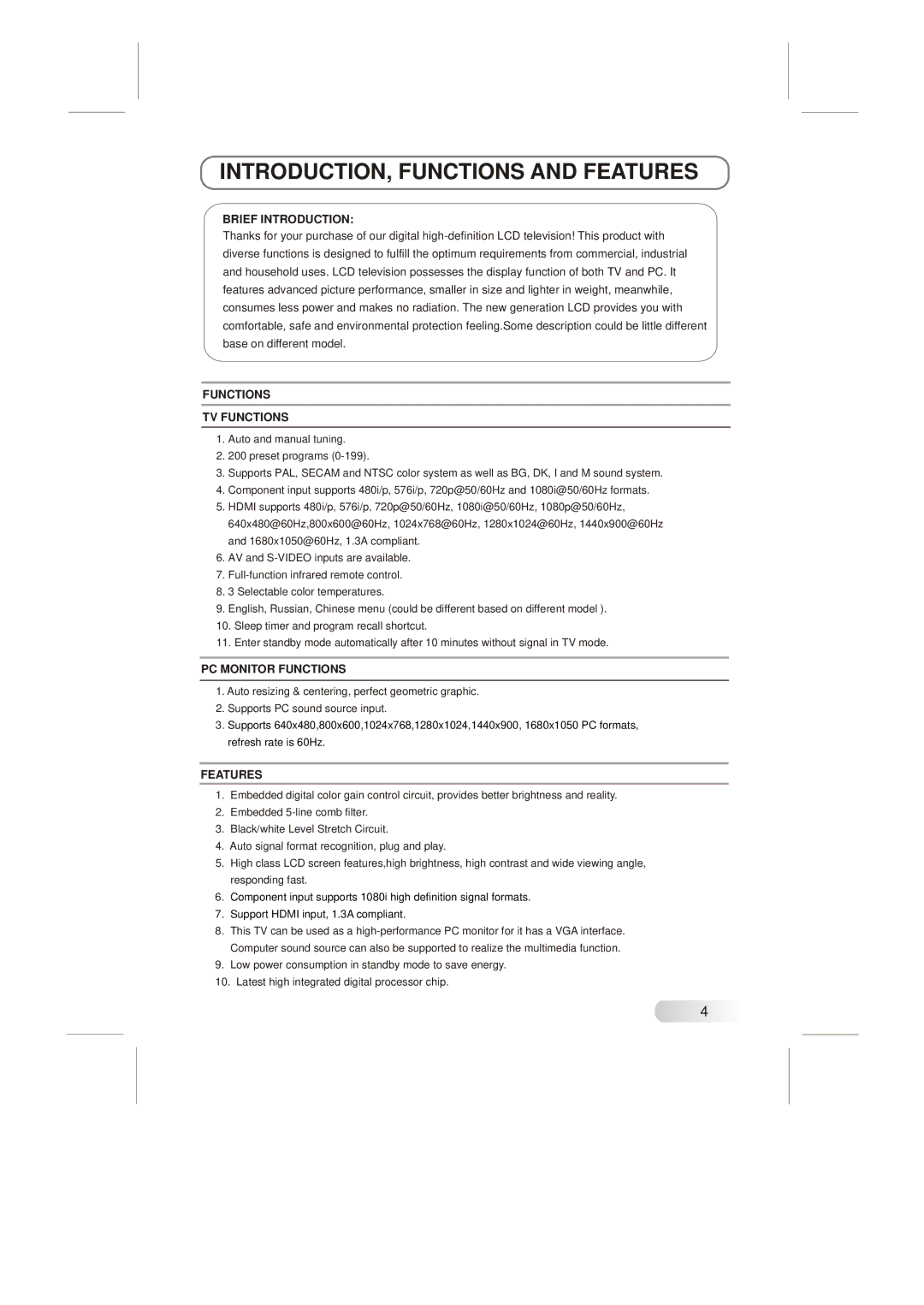 Skyworth LCD-22L19 instruction manual INTRODUCTION, Functions and Features, Brief Introduction 