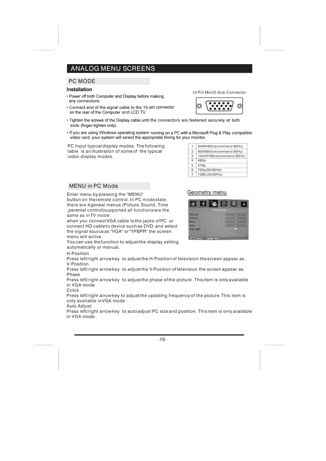 Skyworth LCD-26L16HLCD-26L16H instruction manual Menu in PC Mode 