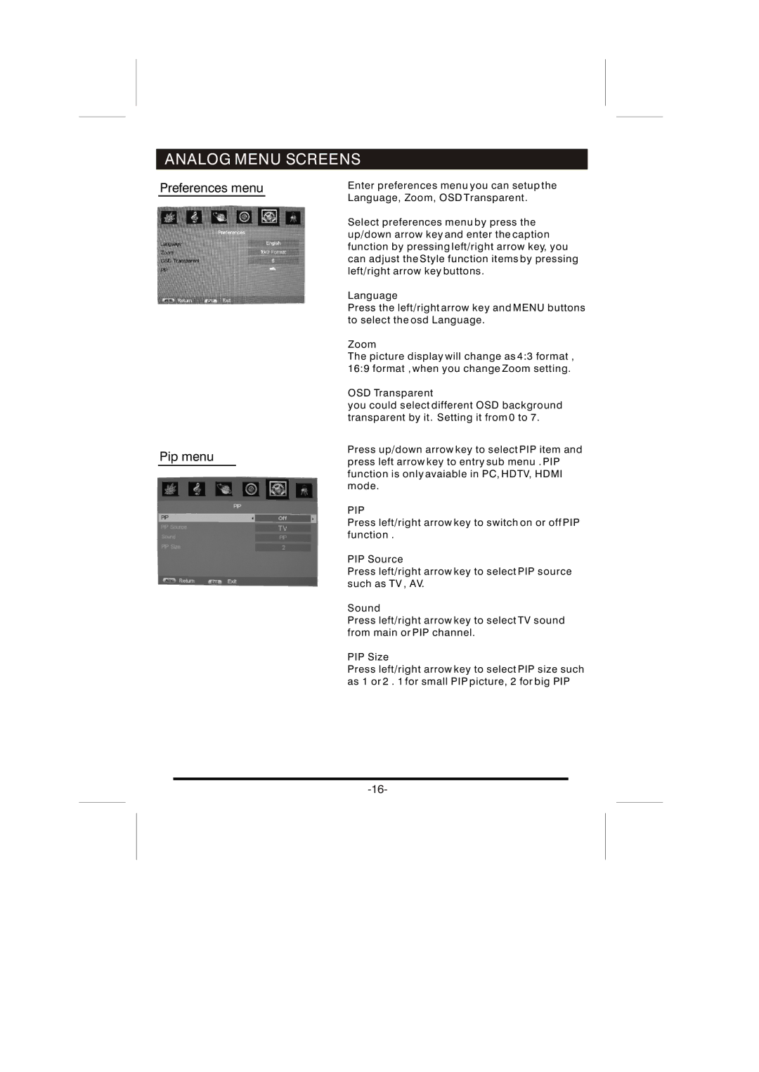 Skyworth LCD-26L16HLCD-26L16H instruction manual Preferences menu Pip menu 