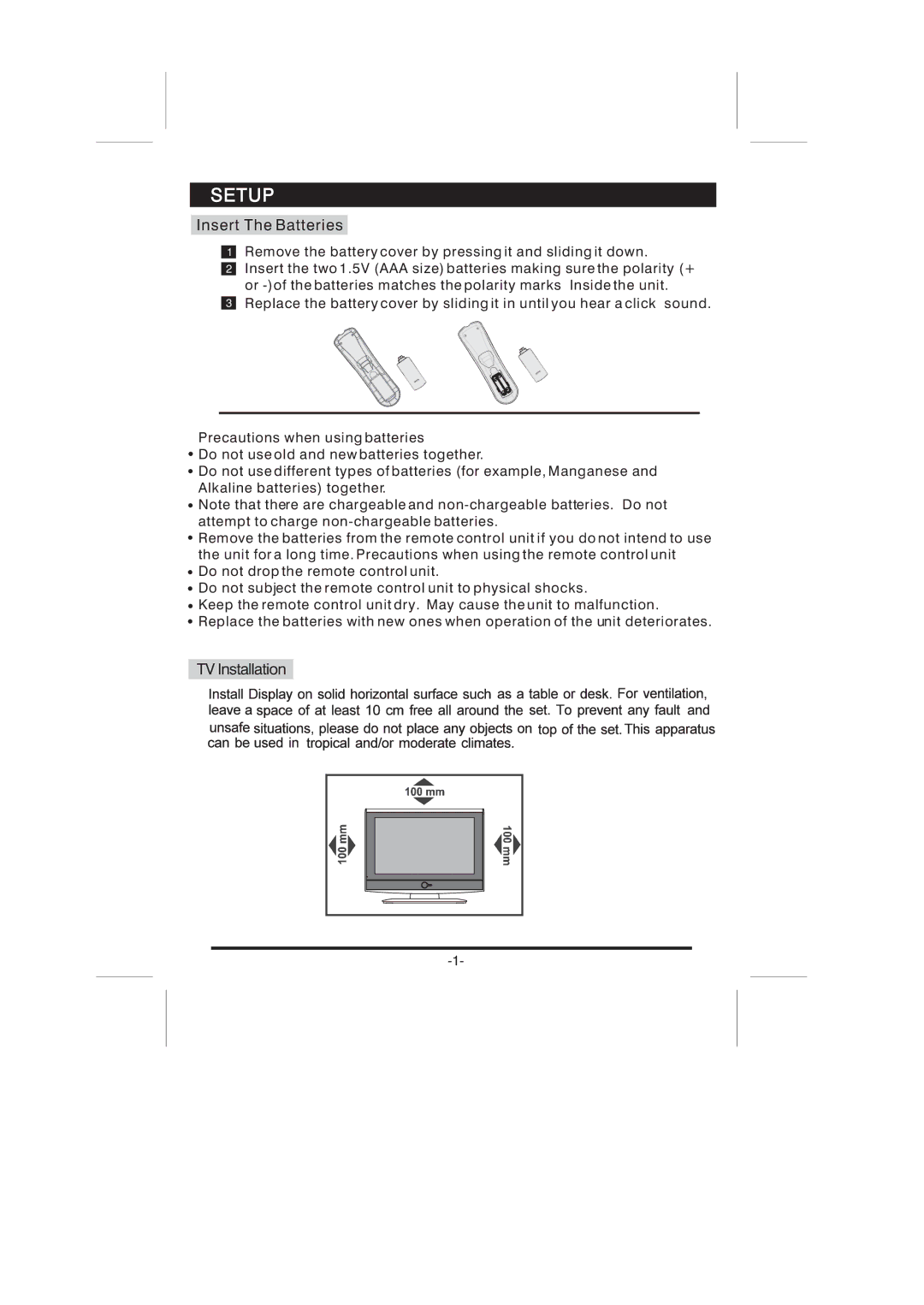 Skyworth LCD-26L16HLCD-26L16H instruction manual Setup, Insert The Batteries, TV Installation 