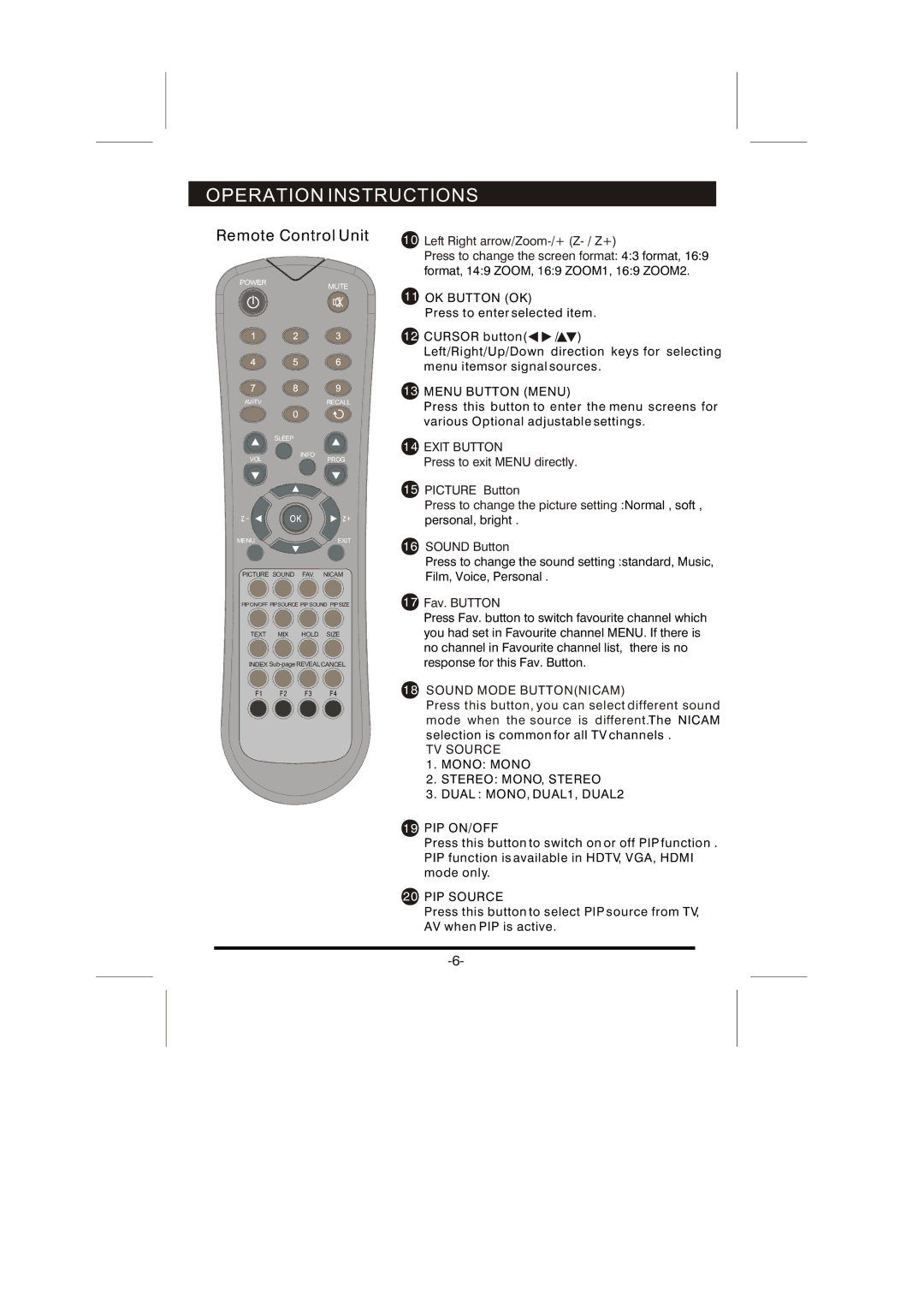 Skyworth LCD-26L16HLCD-26L16H instruction manual OK Button OK, Menu Button Menu, PIP Source 