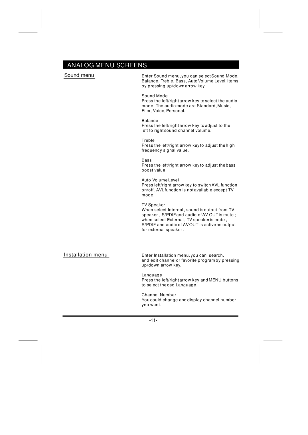 Skyworth LCD-32L16H instruction manual Sound menu Installation menu 