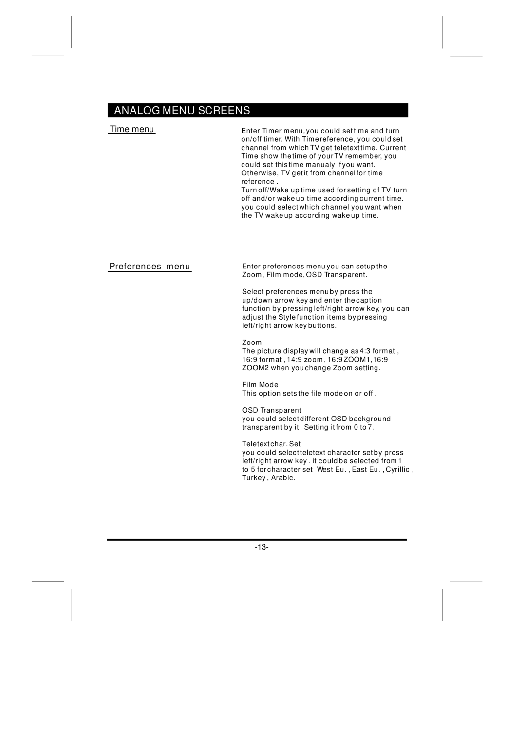 Skyworth LCD-32L16H instruction manual Time menu Preferences menu 