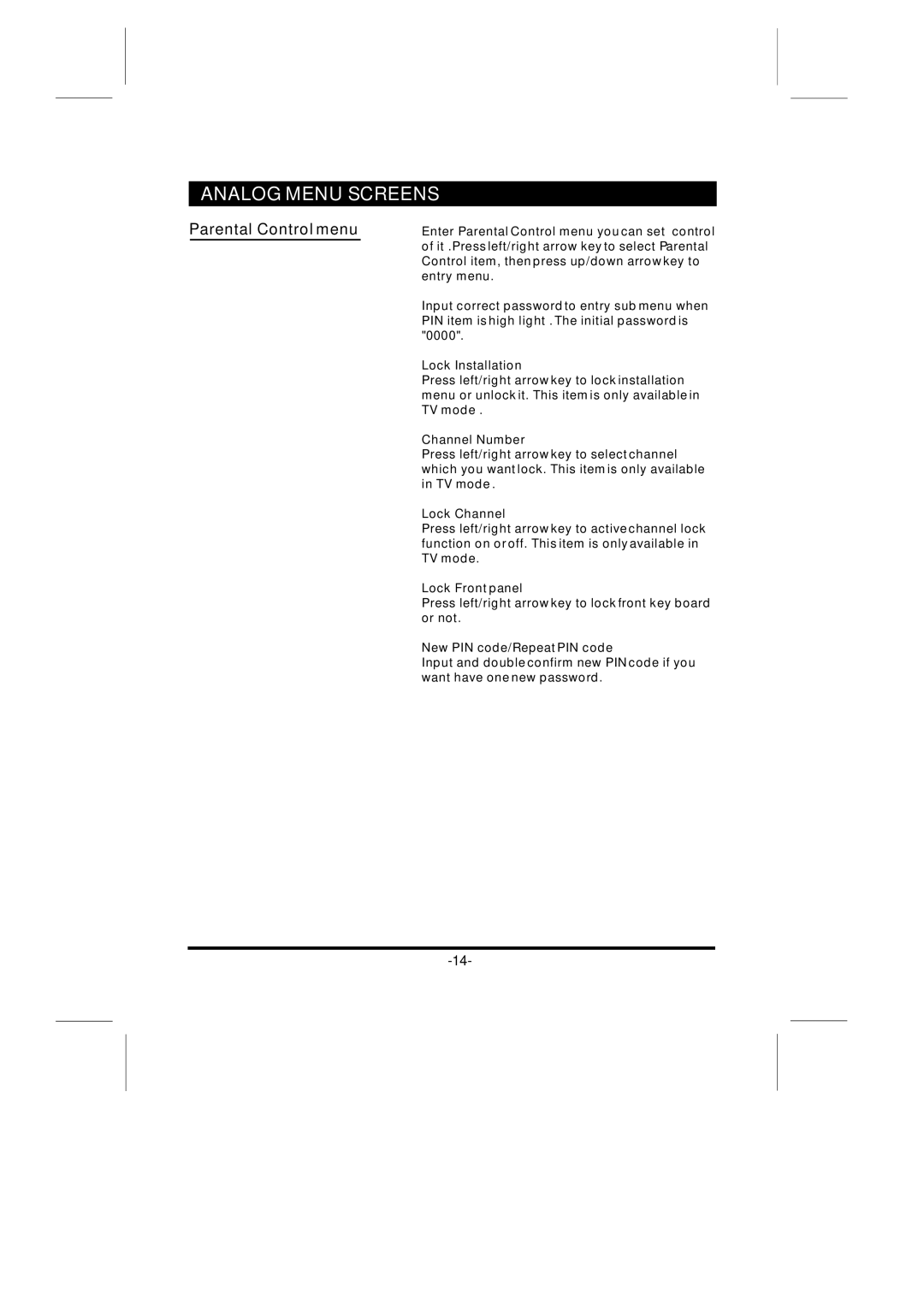 Skyworth LCD-32L16H instruction manual Parental Control menu 