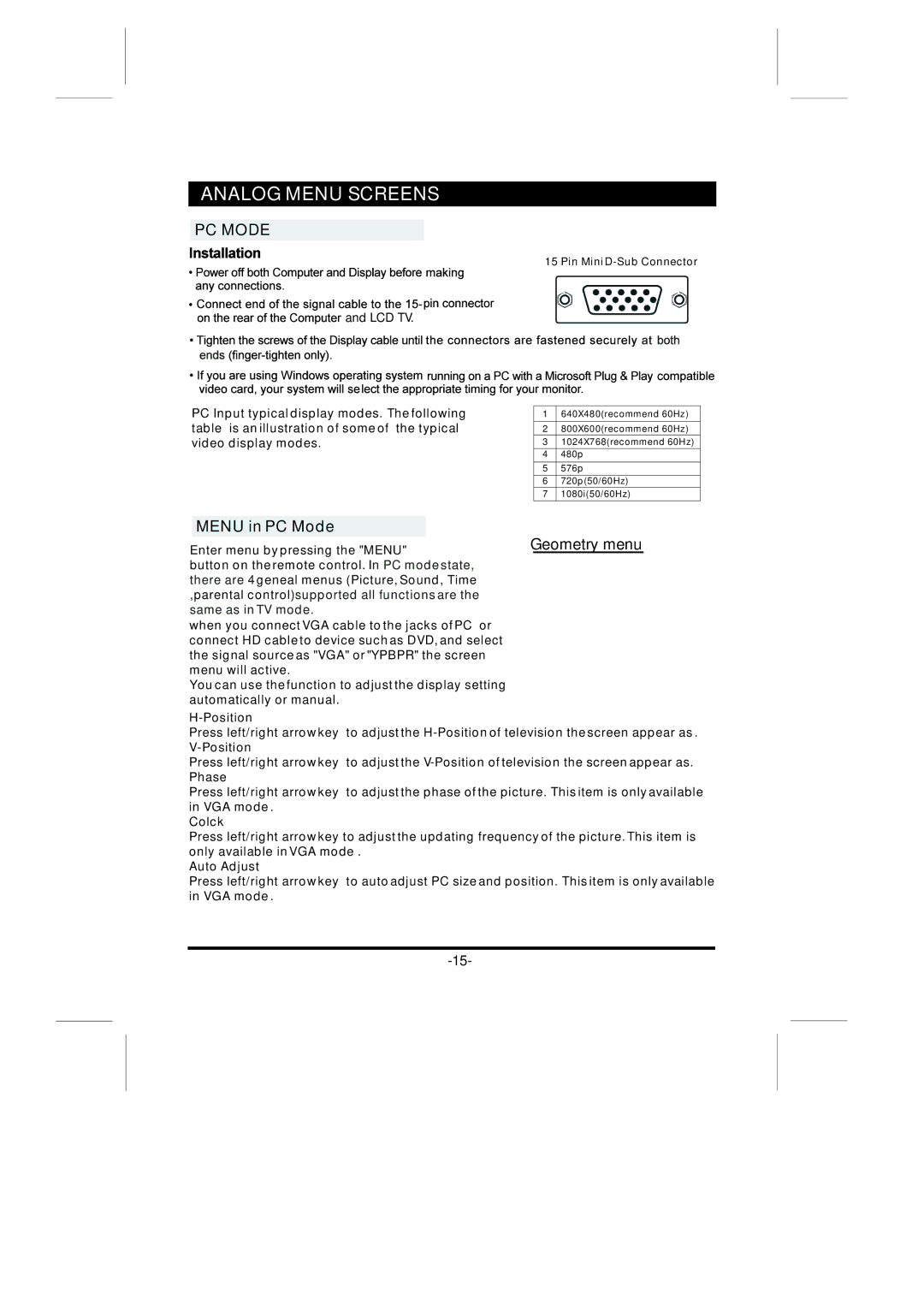 Skyworth LCD-32L16H instruction manual Menu in PC Mode 