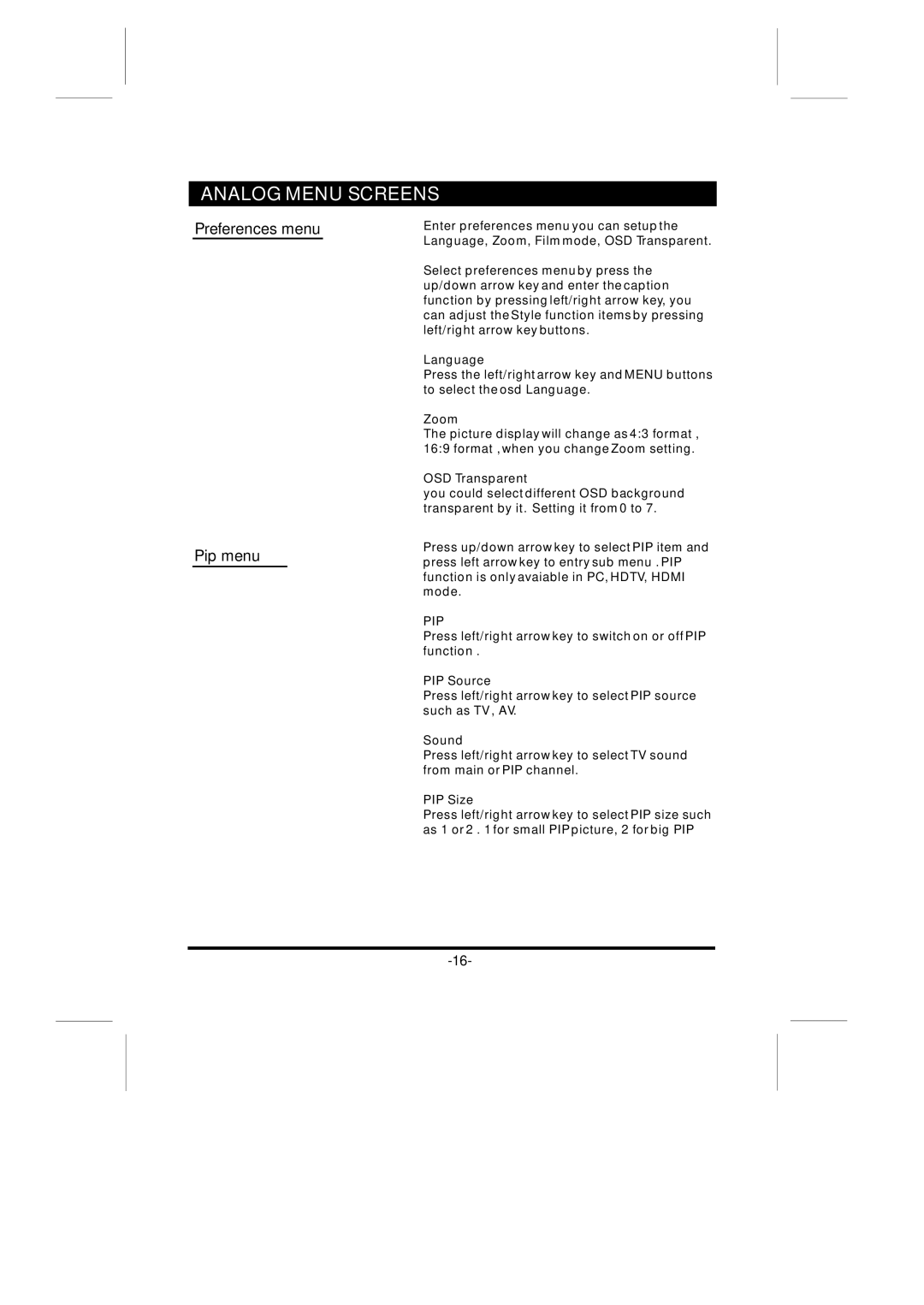 Skyworth LCD-32L16H instruction manual Preferences menu Pip menu 