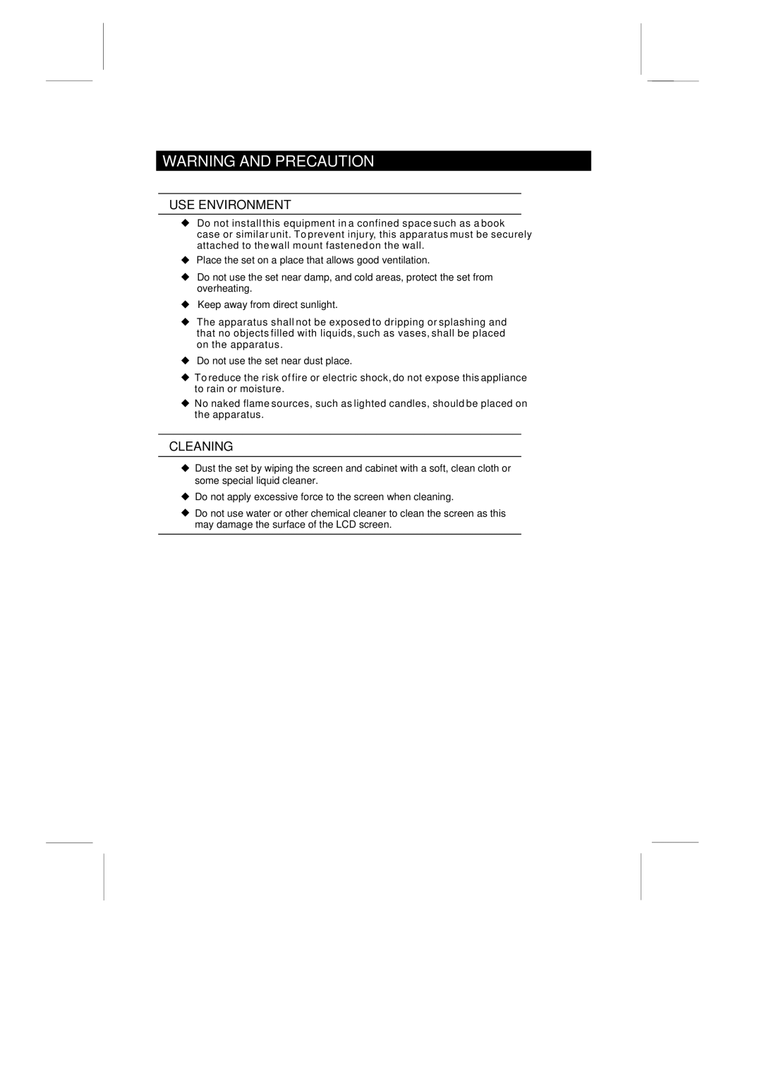 Skyworth LCD-32L16H instruction manual USE Environment 