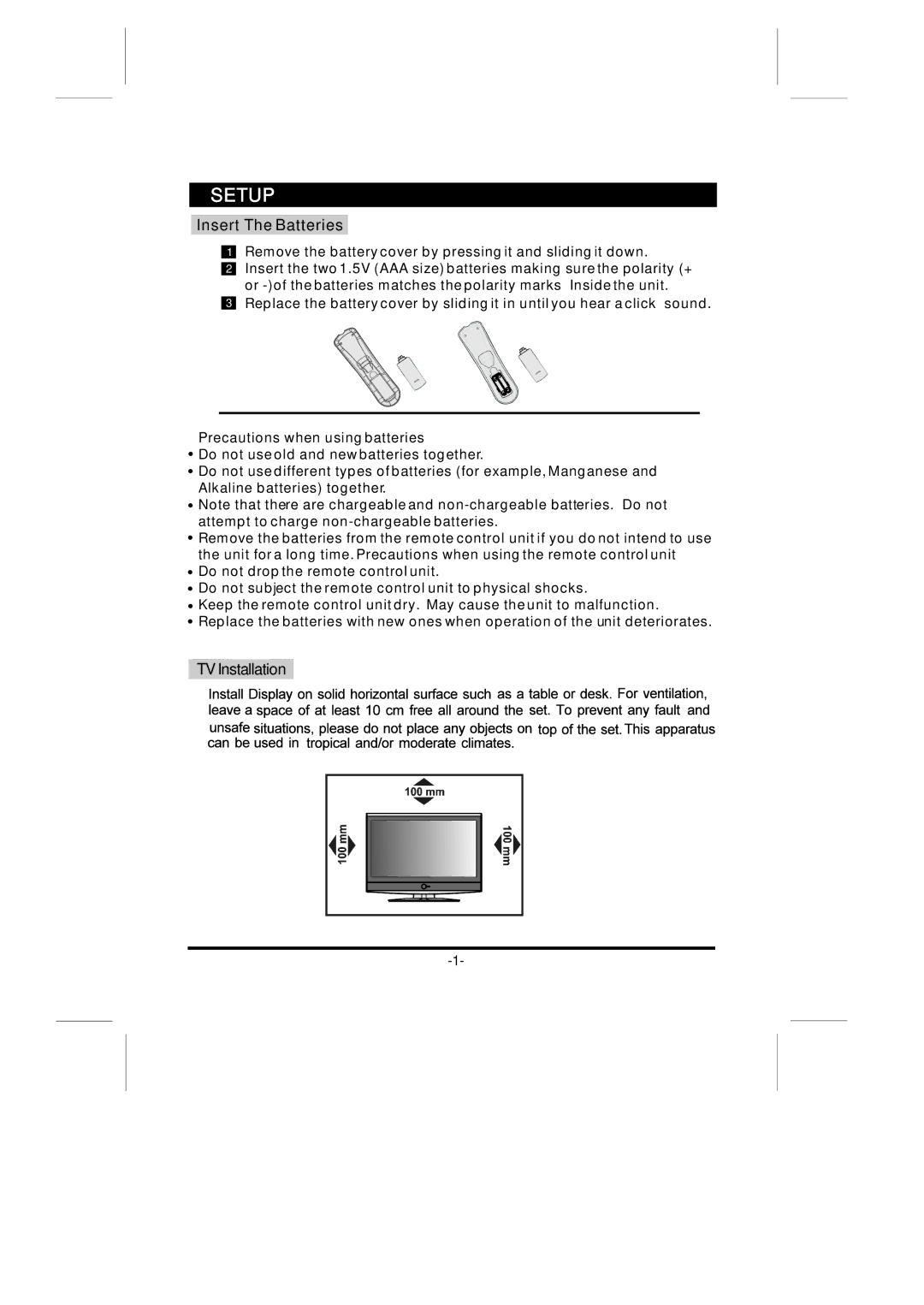 Skyworth LCD-32L16H instruction manual Setup, Insert The Batteries, TV Installation 