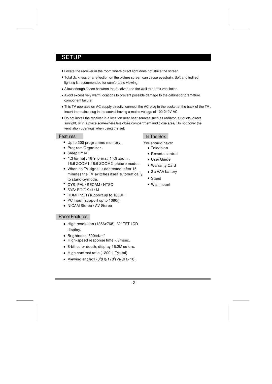 Skyworth LCD-32L16H instruction manual Panel Features, CYS PAL / Secam / Ntsc 