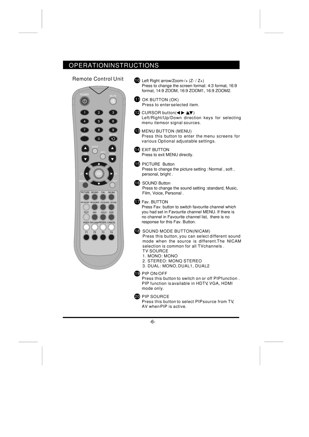 Skyworth LCD-32L16H instruction manual OK Button OK, Menu Button Menu, Exit Button, Sound Mode Buttonnicam, PIP Source 