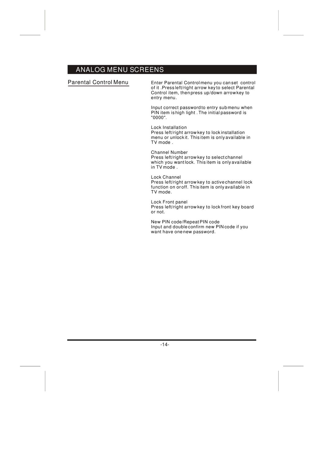 Skyworth LCD-32L8E instruction manual Parental Control Menu 