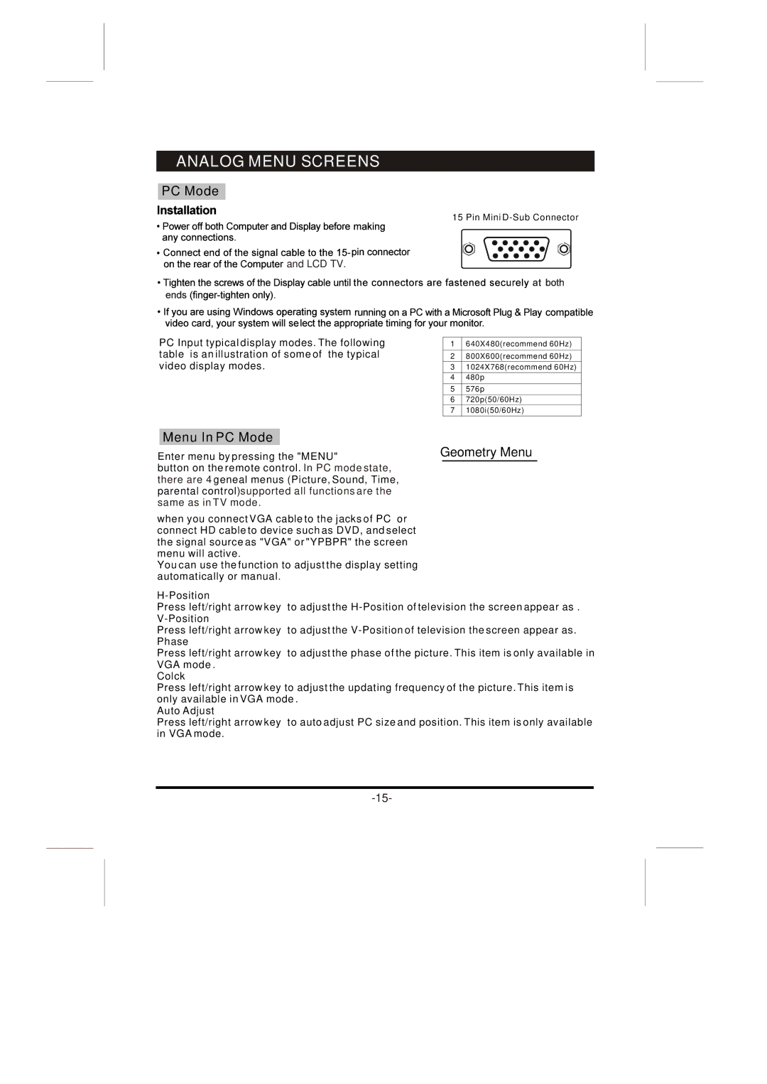 Skyworth LCD-32L8E instruction manual Menu In PC Mode, Geometry Menu 