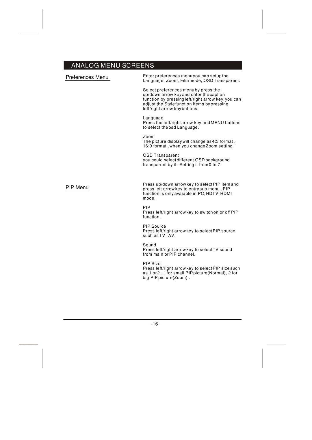 Skyworth LCD-32L8E instruction manual Preferences Menu PIP Menu, Pip 