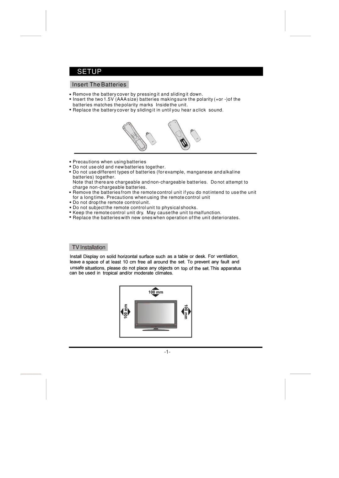 Skyworth LCD-32L8E instruction manual Setup, Insert The Batteries, TV Installation 